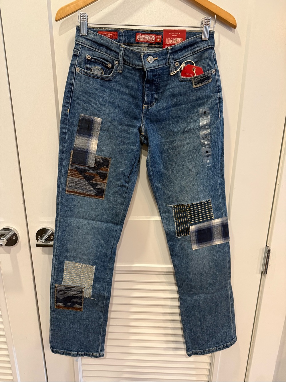 NWT Lucky Brand 0/25 Easy Rider Boot Patchwork Blue Jeans
